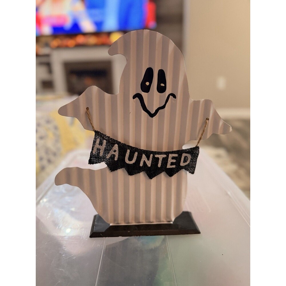 Metal Halloween Ghost Haunted Banner Tabletop Decor